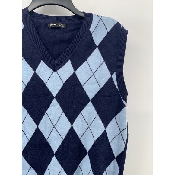 SHEIN Women's Blue Argyle Print V-Neck Knit Oversized Pullover Sweater Vest SZ S - Picture 3 of 10